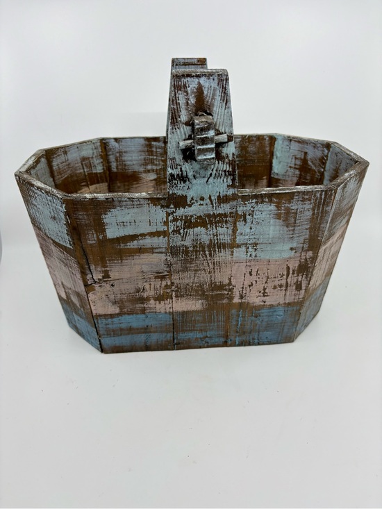 Other - LOW START Rustic Distressed Wood Basket with Handle Blue, Pink Brown, 10”x13”x7”